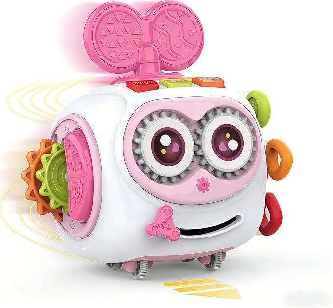 Musical Montessori Toys, Cube Sensory Toys for Toddlers 1-3 with Light-up, Baby Busy Educational Learning Activities Robot Toy for for 1 2 3 Year Old - Pink