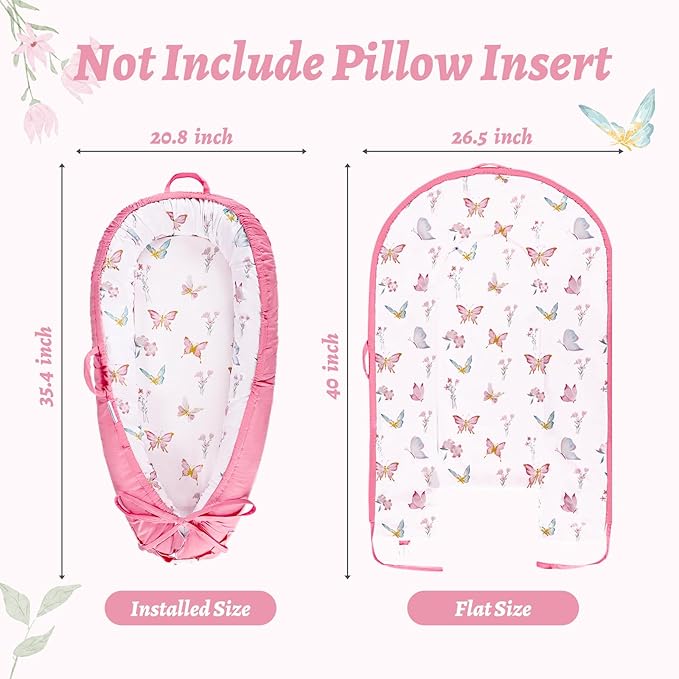 Baby Lounger Cover, Cotton Newborn Nest Cover, Baby Lounger Replacement Covers, Soft & Breathable, Reversible & Adjustable, Pink Butterfly(Cover Only)