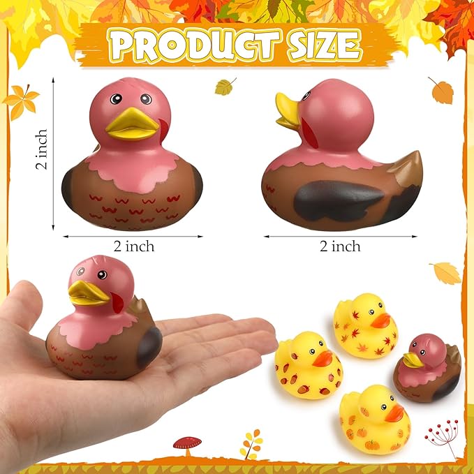 Jerify Thanksgiving Rubber Ducks 2 Inch Fall Rubber Duck with Turkey Leaf Pumpkin Nut Patterns Small Ducks Bathtub Bathing for Holiday Autumn Table Centerpiece Party Supplies, 4 Styles(24 Pcs)