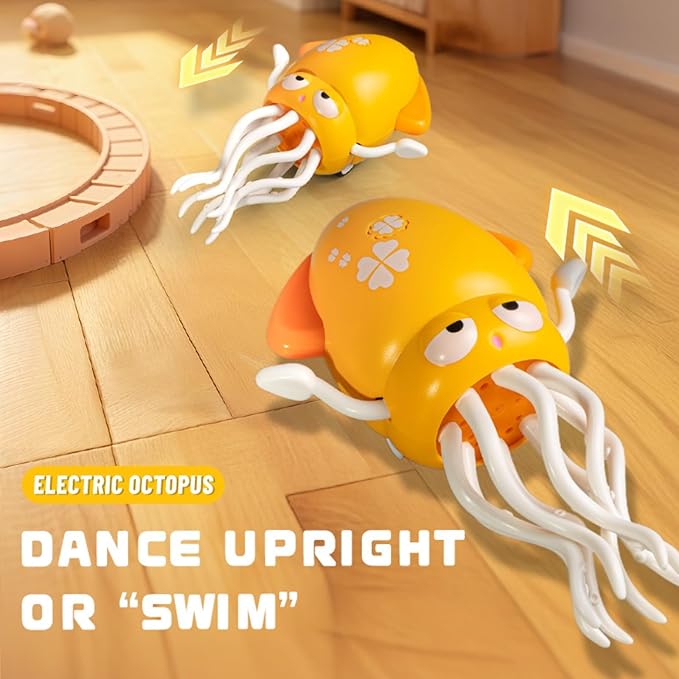 Interactive Dancing Squid Toy - Smart Obstacle-Dodging, USB Rechargeable LED Lights & Music, Sensory Tummy Time Toy for Toddlers (Blue)