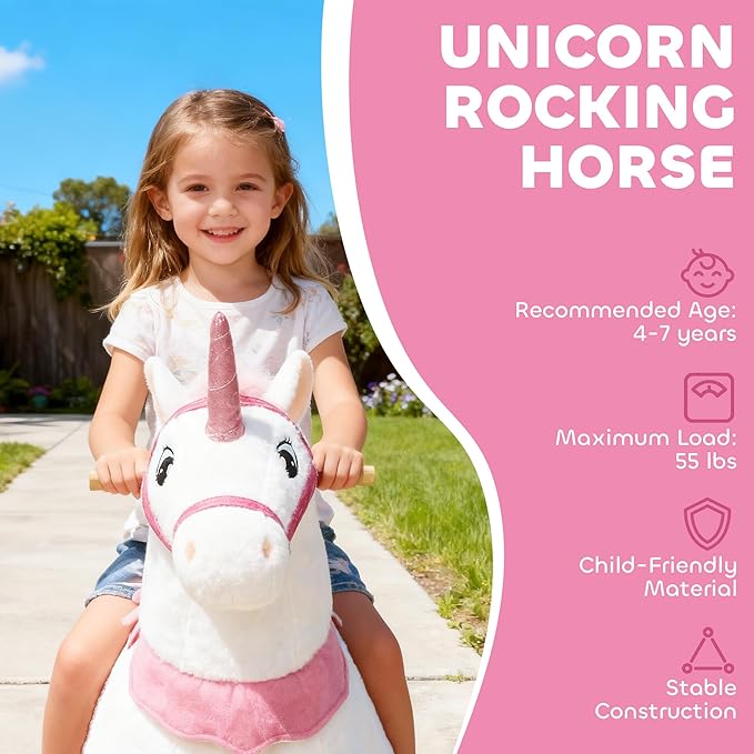 Qaba Ride on Horse for Kids 4-7 Years, 37.8 Inch Height Plush Riding Unicorn, Walking Horse Animal with Rolling Wheels for Active Play, No Batteries Required, White