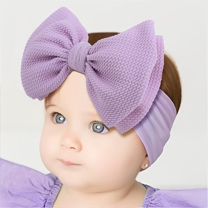 Big Bows Headbands for Baby Girls - Waffle Large Hair Accessories, Infant Toddler Headwrap 3 Pack Purple Ivory Light Blue