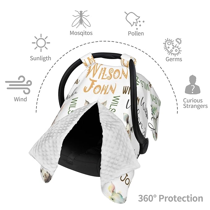 Personalized Winter Car Seat Covers for Babies with Name Rhinoceros Minky Baby Car Seat Cover for Boys Girls Custom Infant Carseat Covers Baby Blanket Nursing Cover Breastfeeding Scarf