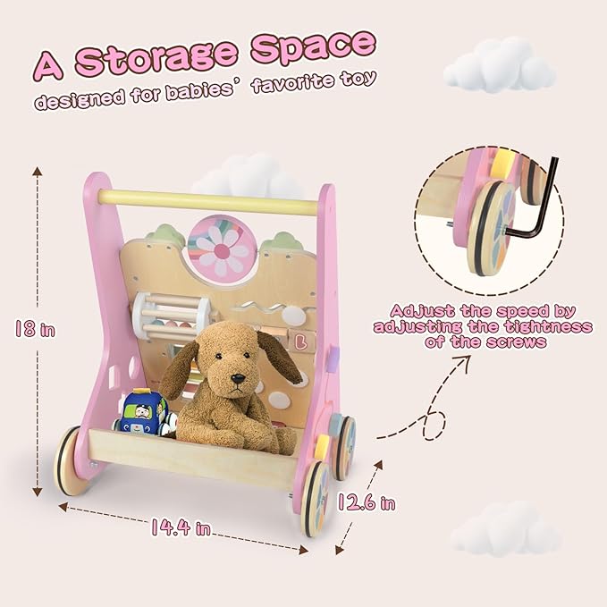 LOL-FUN Wooden Baby Walker for Girls with Wheels, Push Walker for Girl 12 Months, Pink Baby Push Toy for 1 Year Old Walking