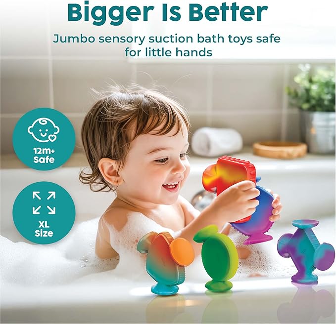 BUNMO Big Shapes Color-Changing Textured Suction Bath Toys for Toddlers 1–3 (10 Pack), Extra Large Silicone Bathtub Toys, BPA-Free Suction Cup Toys, Bath Toys for Kids Ages 1+, Sensory Bath Toys
