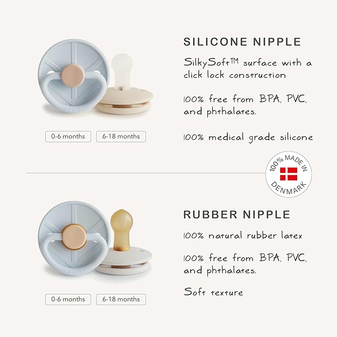 FRIGG Little Viking Natural Rubber Baby Pacifier 2-Pack | Made in Denmark | BPA-Free (Powder Blue/Cream,6-18 Months)