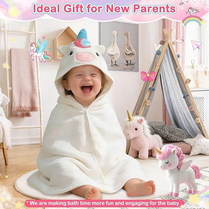 Flasoo 4 PCS Baby Towels Set, Soft Absorbent Baby Hooded Bath Towel, 1 Baby Towel and 3 Baby Washcloths for Newborns, Toddlers, and Kids, 32x32 inch Baby Towel for Boy and Girl (White Unicorn)