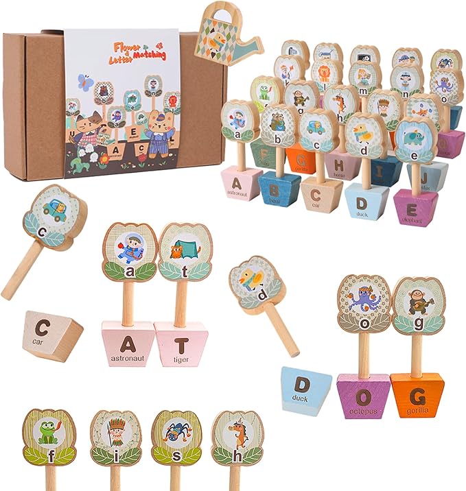 Montessori ABC Learning Toys for Kids, Wooden Matching Games for Toddlers 3-5 - Letter & Flower Matching Alphabet Puzzles with Storage Bag, Fine Motor Skills Toys Gift for Girls Boys 3+ Years Old