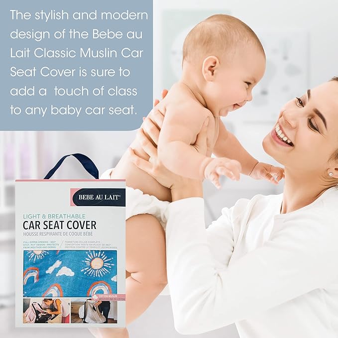 Bebe au Lait Classic Muslin Car Seat Cover -Perfect Baby Car Seat Covers for Babies, Car Seat Canopy, Unisex Baby Car Seat Cover- Easy Snap Straps, Fully Zippered Opening, Breathable- Hello Sunshine