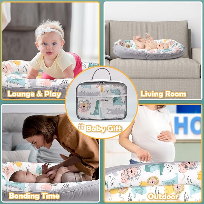 Infant Support Cushion-Breathable and Soft Organic 100% Cotton, Portable Tummy Time Mat with Removable Support Cushionr Cover, Floor Baby Support Cushion for Newborn - Lion