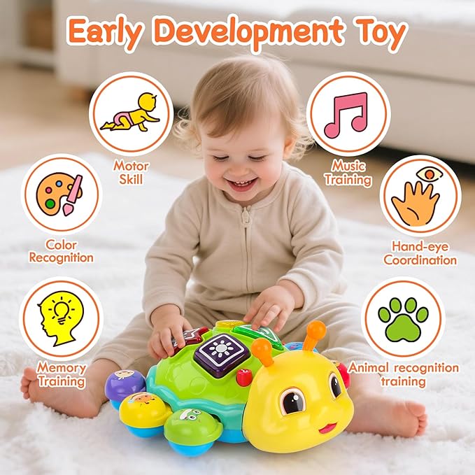 Baby Toys 6-12 Months, Crawling Musical Baby Toy with Obstacle Avoidance, Lights & Music, Interactive Tummy Time Learning Toy with Animal Sounds, English Spanish Developmental Gift for Boys & Girls