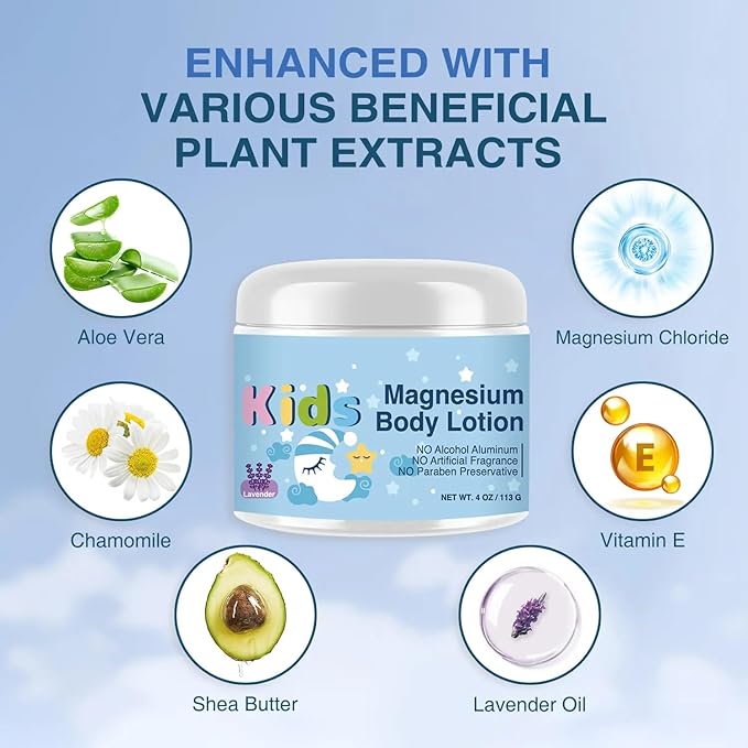 Kids Magnesium Body Lotion with Lavender, Natural Sleep Aid, Magnesium Cream Skin Care, 4 oz