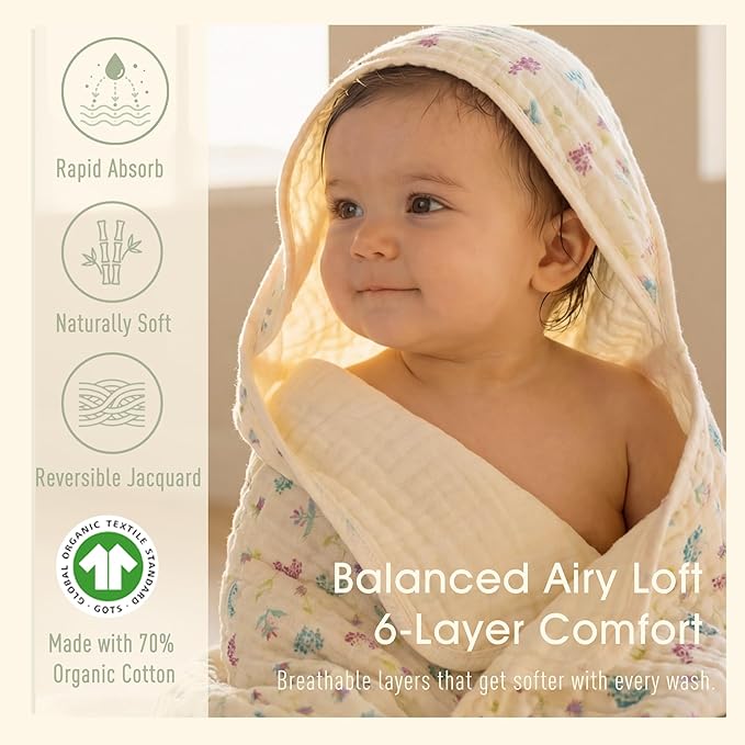 4-Piece Muslin Baby Towel Set - Made with Organic Cotton, (2) 6-Layer 32x32 Towels & (2) Washcloths, Bath, Beach & Pool Gift Set (Earthy Botanicals)