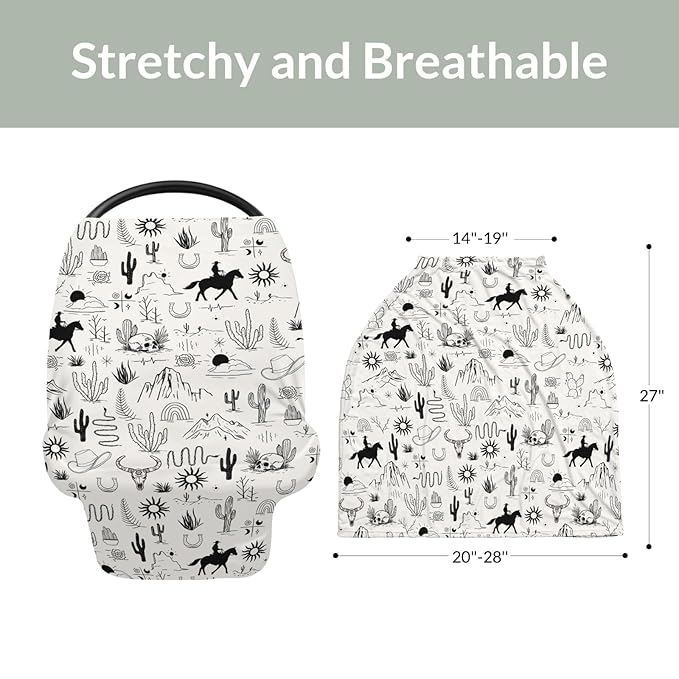 Western Cowboy Car Seat Cover for Babies Wild West Cactus Mountain Snake Cattle Skull Sun Stretchy 5-in-1 Covers Adjustable Car Canopy Breastfeeding Cover Desert Adventure Breathable Nursing Cover-Up