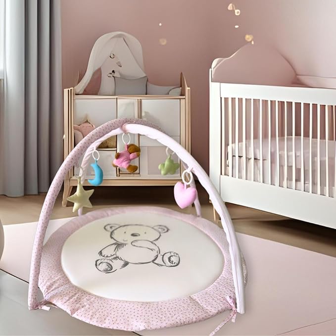 Baby Play Gym Mat & Activity Mat - 100% Cotton Soft Playmat with 6 Detachable Toys for Tummy Time, Machine Washable, Sensory Development Gift (Pink Bear)