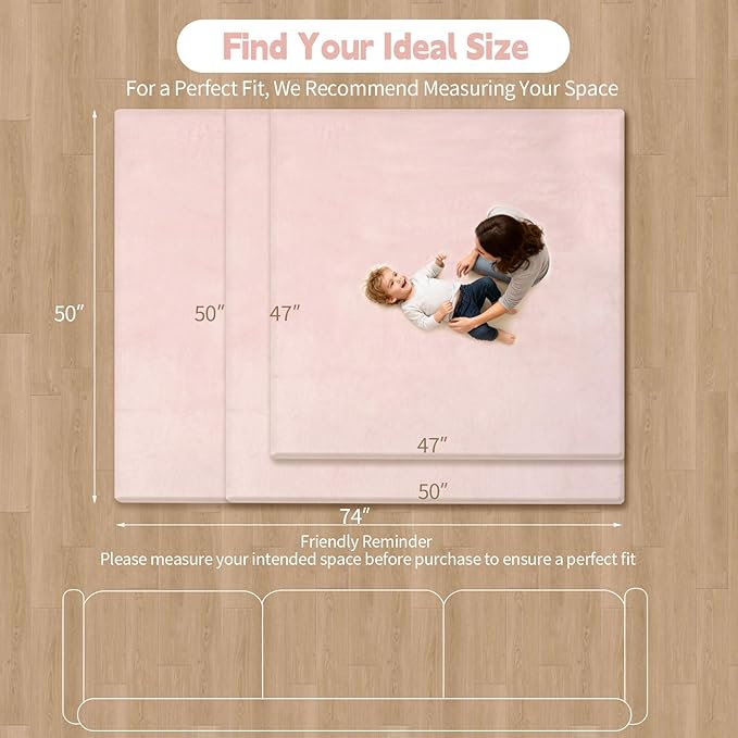 Velvet Baby Play Mat for Floor, 1.3" Thick Elasti-Foam 47"×47" Playpen Mat with Removable & Washable Velvet Cover for Toddler, Infant,Kids, Non-Slip Crawling Mat for Tummy Time (Pink)