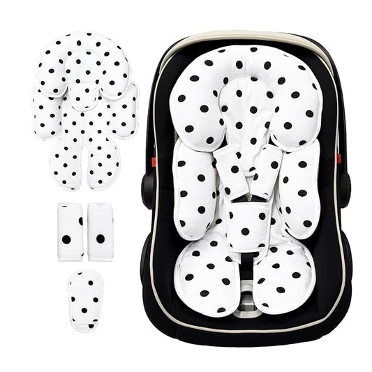Infant Car Seat Insert, 2 in 1 Carseat Head Neck Pillow for Newborn, Breathable Baby Carriage Pad with Strap Covers, Fit Car Seat, Stroller, Bouncer, Polka Dot