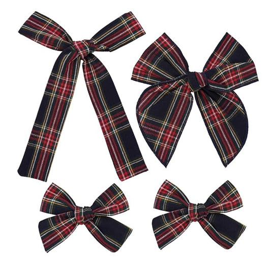 Set of 4 Tartan Black Bow Hair Clips for Little Girls Toddler Baby Mom Women Hair Barrettes Accessories 3 Styles School Uniform Plaid Bows