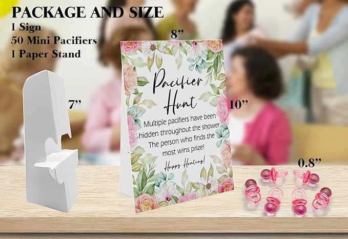 Baby Pacifier Hunt Baby Shower Games, Gender Reveal Game, Flower Theme 8×10 Sign and 50 Mini Acrylic Pacifier, Favorite Adults Kids Games for Baby Shower Activities, Baby Shower Games for Girl BPH10