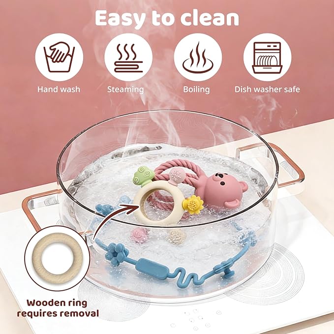 3Pcs Baby Silicone Teether Toy Set - Food-Grade Silicone Teething Relief Toys,Wooden Ring Teether Cute Bear Toy and Toy Straps for Babies 3-12 Months(Pink)