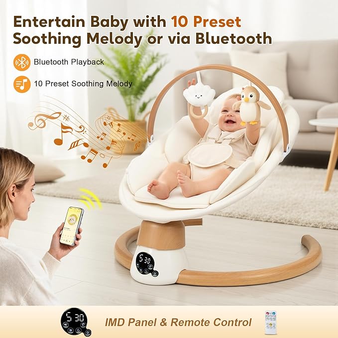 Baby Swings for Infants | Electric Portable Baby Swing with Bluetooth, 5 Swing Speed, 3 Timer Settings, 10 Lullabies, 5-Point Harness & Remote Control | Newborn Swing for Indoor & Outdoor (White)