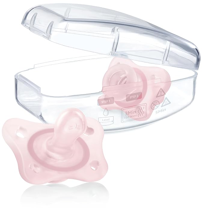 Chicco PhysioForma Mini Orthodontic Pacifier for Babies 0-2 Months, Ultra Light & Small, 100% Soft Silicone, Supports Breathing, One-Piece Design, Included Sterilizing Case, BPA Free, 2-Pack, Pink