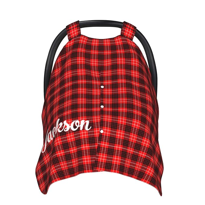 Personalized Red Plaid Baby Infant Car Seats Canopy for Babies with Name, Custom Multi-use Blankets for Baby Boys Girls, Peekaboo Minky Nursing Breastfeeding Cover Canopies for Newborn