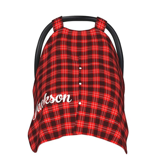 Personalized Red Plaid Baby Infant Car Seats Canopy for Babies with Name, Custom Multi-use Blankets for Baby Boys Girls, Peekaboo Minky Nursing Breastfeeding Cover Canopies for Newborn