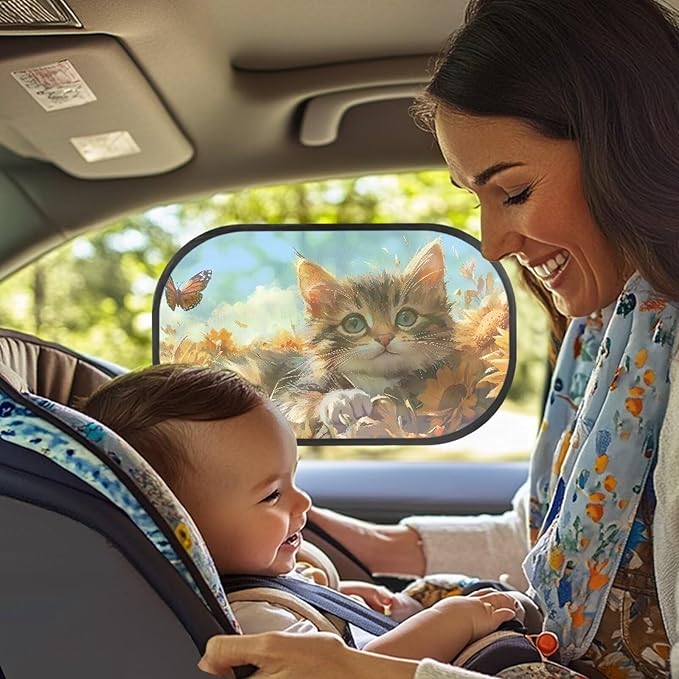 Bulopur Cute Cat Print Car Window Shades 2 Pack Car Window Covers Easy to Install Car Sun Shade Side Window Sun Protection and Sun Shade Blocker Universal Car Sun Shades