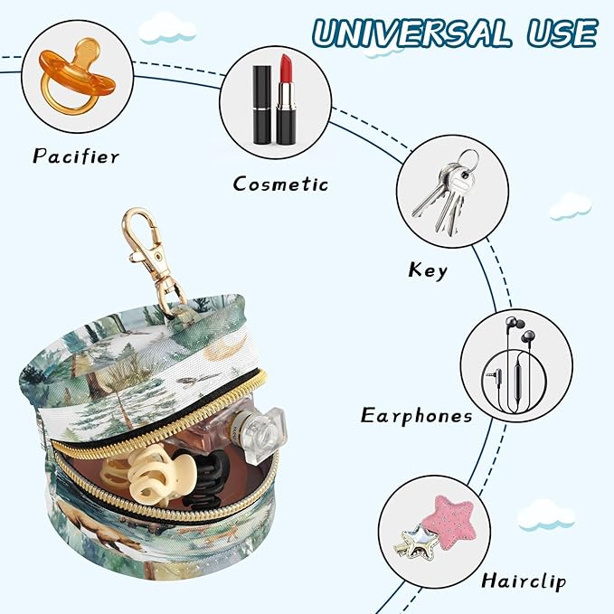 Pacifier Holder with Clip Pacifier Case for Diaper Bag Round Baby Pacifier Pouch Box Bag Portable White Moon Deer Bear Trees Stream