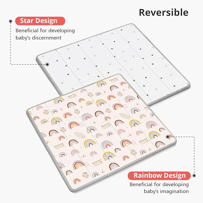Foldable Baby Play Mat, PIGLOG 0.6in Thick Waterproof Playmats for Babies and Toddlers Kids, Safe Foam Playmat for Tummy Time, 50x50 Playpen Mat, Reversible Portable Baby Floor Mat for Infant, Rainbow