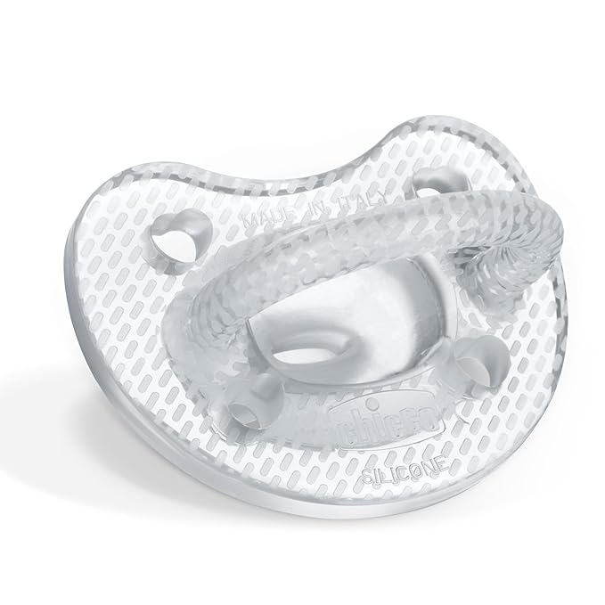 Chicco PhysioForma Luxe Orthodontic Pacifier for Babies 6-16 Months, One-Piece 100% Soft Silicone, Supports Breathing, Textured Shield & Handle, Sterilizing Case, BPA Free, 2-Pack, Crystal