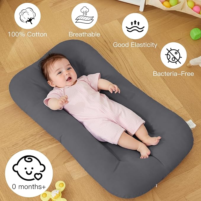 Baby Lounger for Newborn, Bionic Design Baby Lounger, Soft Organic Cotton Breathable Lounger for Infants 0-18 Months (Dark Grey)