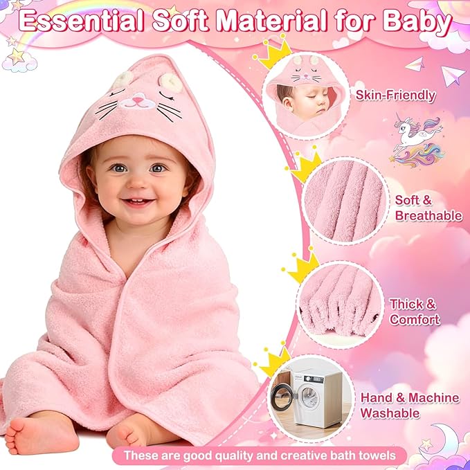 Flasoo 14 Pcs Baby Towel Set, Soft Baby Bath Towels and Washcloths Set, 4 Pcs 32x32 in Animal Hooded Bath Towel & 10 Pcs Baby Washcloths for Infants, Toddlers and Kids for Boys or Girls