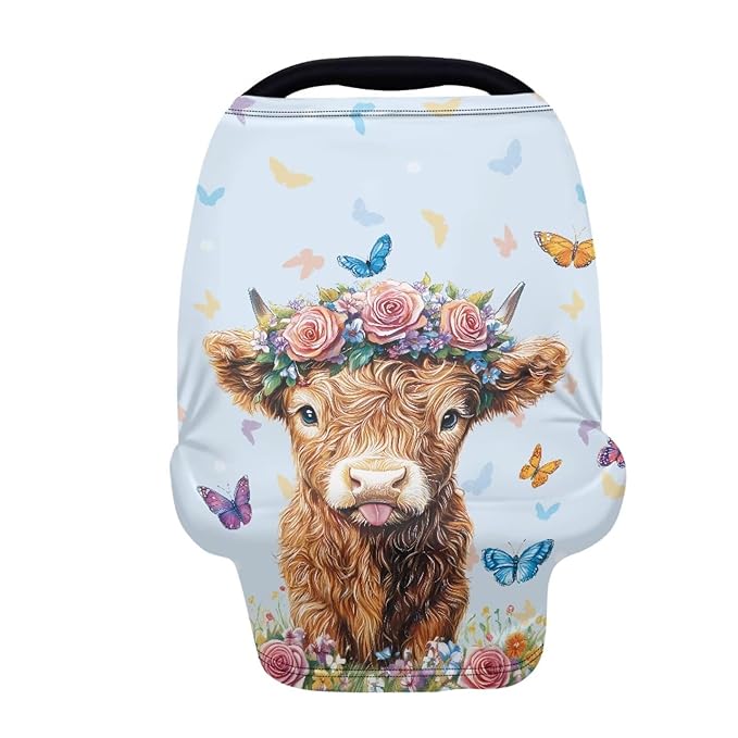 Wanyint Highland Cow Butterfly Blue Infant Car Seat Cover, Baby Carseat Scarf Stretchy Nursing Scarf Car Seat Canopy Breathable Nursing Cover for Boys Girls
