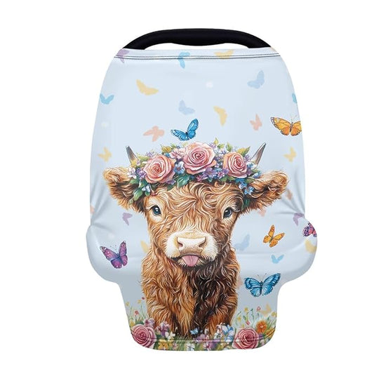 Wanyint Highland Cow Butterfly Blue Infant Car Seat Cover, Baby Carseat Scarf Stretchy Nursing Scarf Car Seat Canopy Breathable Nursing Cover for Boys Girls