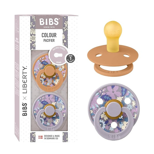 BiBS Liberty Pacifier 2-Pack, BPA Free Pacfiers with Natural Latex Round Nipple, Made in Scandinavia, Size 1 (0-6 Months), June Blossom Pumpkin Mix