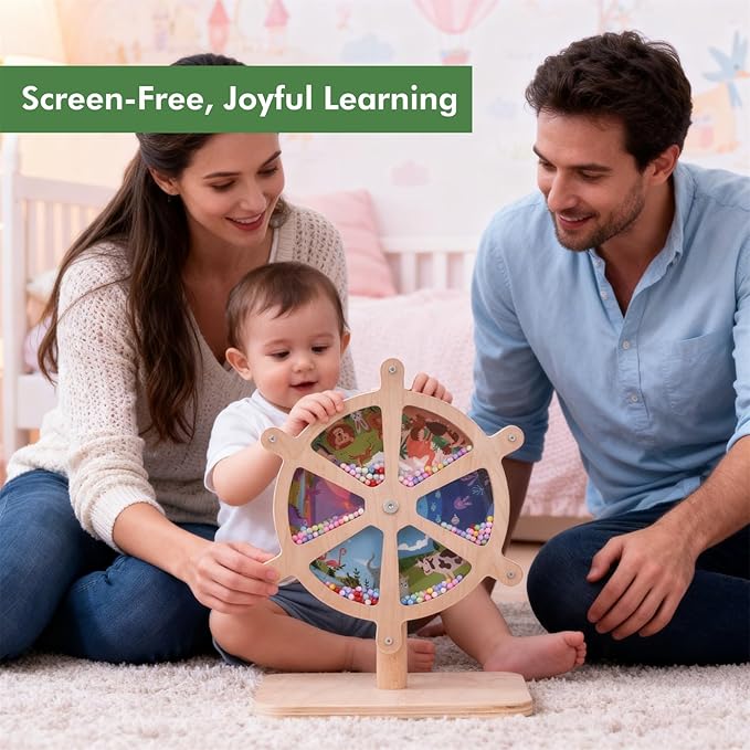 Spinning Activity Drum Toy with Sound, Montessori Wooden Sensory Toy for Babies, Perfect Birthday & Party Gift for 6-18 Months+