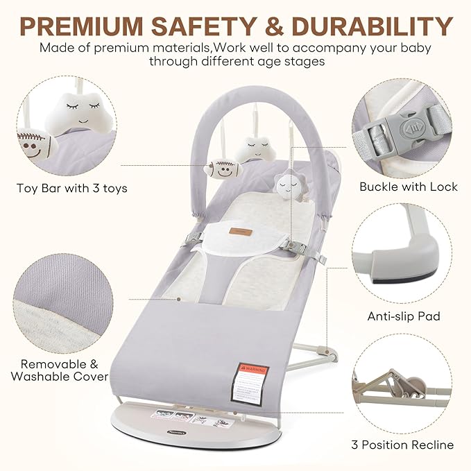 Baby Bouncer, Foldable Infant Bouncer Seat with 3 Adjustable Heights, 0-18 Months, Portable Baby Bouncer with Soft Cotton Fabrics, Lightweight & Easy to Wash