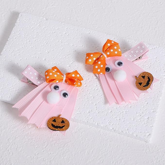 Halloween Ghost Korker Curly Ribbon Hair Bows for Girls, 4 Pcs Cute Pink Ghost Pigtails Hair Clip Barrettes for Baby Toddler Teen Women Trick or Treat Gift Costume Party Decor Accessory