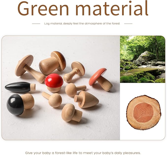 Promise Babe Wooden Mushroom Toys, Montessori Wooden Blocks Stacking Toys for Toddlers 11 Pcs, Miniature Mushroom Various Sizes Woodland Creative Craft Home Decor