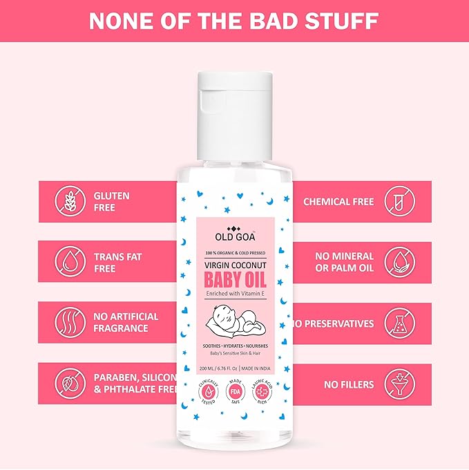 Organic Baby Oil | Cold Pressed | Non Sticky | Quick Absorb | Baby's Sensitive Skin & Hair - 200 Ml