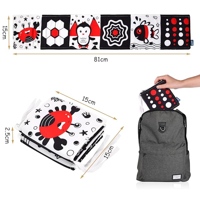 Vicloon Black and White Baby Toys, High Contrast Baby Book for Newborn 0-3 3-6 Months, Infant Tummy Time Toys, Early Education Sensory Toys, Visual Stimulation Folding Cloth Book for Boys Girls
