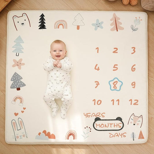 1.3" Thick Playmat for Floor, 50 x50 Monthly Milestone Mat, Padded Support Soft Plush Nursery Mats for Crawling Kick Activity, Flannel Photography Background Prop for Boys Grils