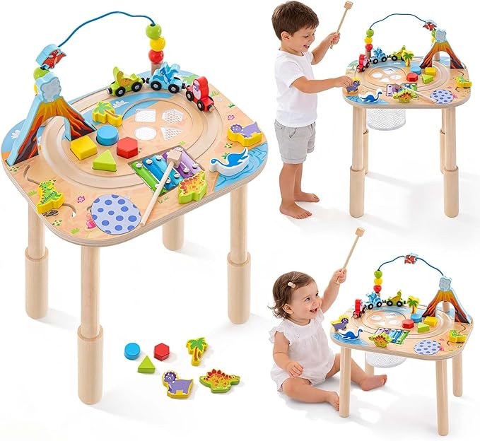 Activity Table for 1 Year Old with Two Height Levels,Wooden Sensory Play Table for Toddlers 1-3,8 in 1 Montessori Learning Toy with Bead Maze, Shape Sorter,Train,Gift for Baby Boys Girls (Dinosaur)