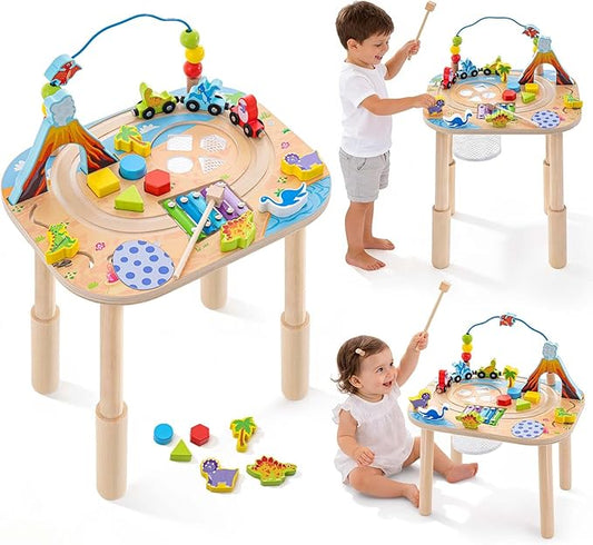 Activity Table for 1 Year Old with Two Height Levels,Wooden Sensory Play Table for Toddlers 1-3,8 in 1 Montessori Learning Toy with Bead Maze, Shape Sorter,Train,Gift for Baby Boys Girls (Dinosaur)