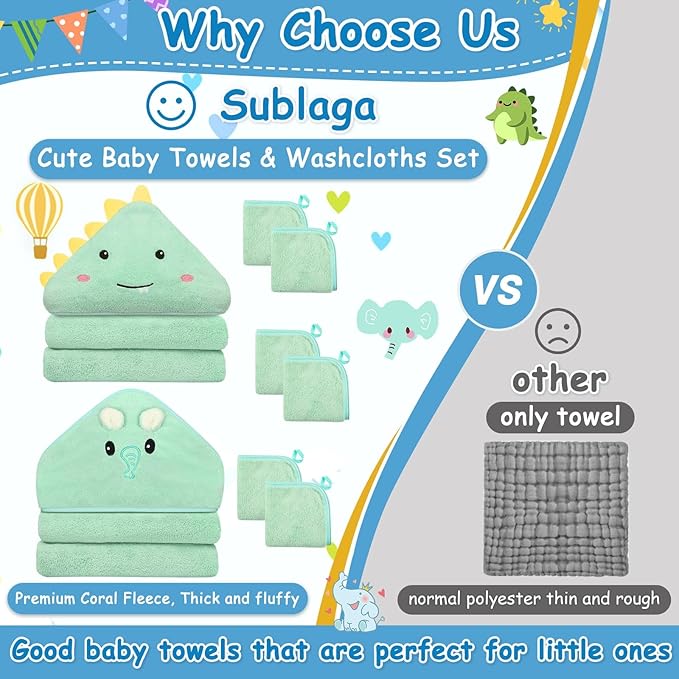 Sublaga 8 Pcs Baby Towel and Washcloths Set, Soft Baby Towels, 2 Pcs 32x32 in Cute Baby Towel with Hood and 6 Pcs Baby Washcloths for Infants, Toddlers and Kids (Green Elephant & Dinosaur)