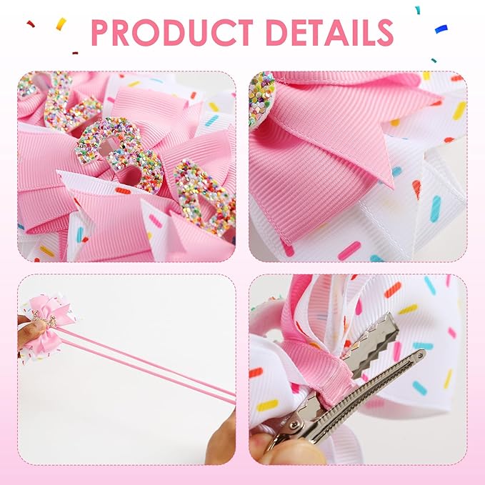 Birthday Hair Bow for Baby Girls 1 2 3 4 5 6 Years Sprinkle Decorations Confetti Ice Cream Party Pink Hair Accessories for 2nd Birthday