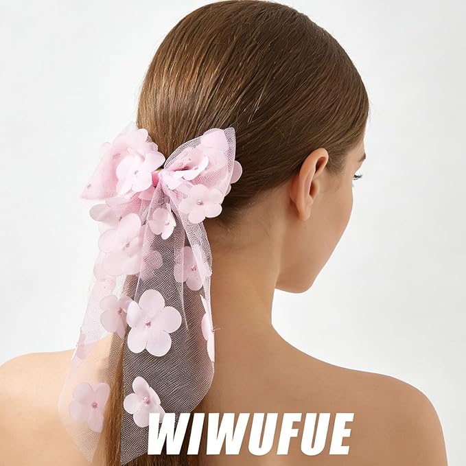 Pink Flower Bow Hair Clip - Mesh Tulle Floral Hair Bow Clips Summer Hair Accessory for Women Girls Bridal Wedding Hair Ornament, Bridesmaid Party Headpiece, Elegant Hairpin for Daily Styling