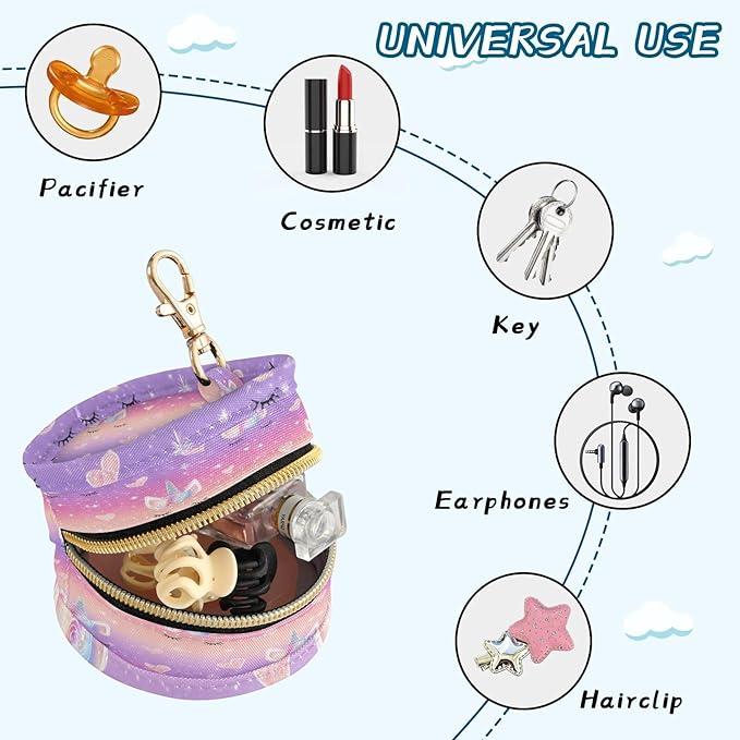 Pacifier Holder with Clip Pacifier Case for Diaper Bag Round Baby Pacifier Pouch Box Bag Portable Rainbow Gradient Shiny Unicorn Horn Lashes Hearts